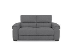 the reclining sofa is shown in grey fabric and has two arms that are facing each other