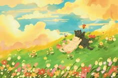 two cats sitting in the middle of a field with flowers and birds flying above them