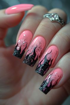 Pink Black Nails, Pink Nail Ideas, Deluxe Nails, Flame Nail Art, Tattoo Disney, Neon Nail Designs, Silver Flames, Nail Stuff