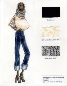 a drawing of a woman wearing jeans and a scarf