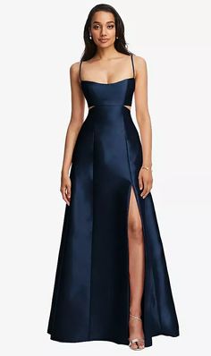 Open Neckline Cutout Satin Twill A-line Bridesmaid Dress With Pockets In Midnight Navy | The Dessy Group Navy Grad Dress, A-line Dresses, A Line Satin Dress, Navy Formal Dresses, 2024 Bridesmaid Dresses, Ruffles Gown, Navy Satin Dress, Navy Evening Gown