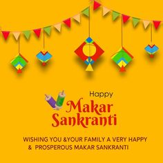 colorful kites hanging from strings with happy makar sanki message on yellow background