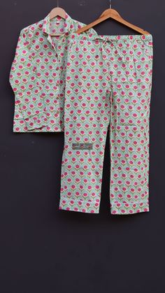 Designed and customized in our India store, the love and care we put into every PJ will stand out to you at the moment you see it. Full sleeve shirt with buttons and loose fit trousers. Completely handmade in Jaipur from 100% pure cotton fabric. Comes in S/M/L/XL sizes, but without any complications can be adjusted to individual measurements. Note: The color and brightness of actual product may vary due to digital photography and photo editing. We crossed check each and every product before list Cotton Sleep Sets With Long Pants, Multicolor Cotton Sleepwear Long Pants, Multicolor Cotton Sleepwear Pants, Matching Cotton Sleepwear, Matching Cotton Sleepwear For Bedtime, Cotton Matching Sets For Bedtime, Multicolor Pajama Party Sets With Long Pants, Matching Cotton Sleepwear For Pajama Party, Green Matching Sleepwear For Loungewear