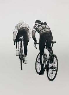 two bicyclists are flying in the air with their backs to each other