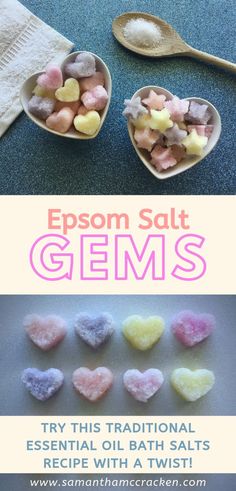 two spoons filled with candy hearts and the words epson salt gems on them