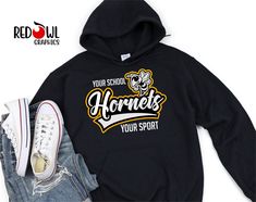 Personalized Hornets Football School Spirit Hoodie Hooded Sweatshirt Football, Baseball, Basketball, Softball, Track, Volleyball, Cross Country, Cheer, Wrestling The perfect way to show your school spirit! This lightweight and super soft tee is everyone's favorite style.  Size and color charts are available in the product photos.  We do our best to accurately represent shirt colors by using actual photos but do understand that all monitors will display differently. Please contact us prior to purchase with any questions on sizing or colors. Your purchase includes a custom imprint created specifically for your team! A product proof will be emailed to you within 1 business day.  Please keep an eye on your Etsy messages and reply with any changes within 24 hours. Your shirt will be sent to pro Hornets Football, Represent Shirt, Hoodie Customize, Volleyball Tshirts, Cheer Mom, Custom Sweatshirts, Making Shirts, Color Charts, Hornet