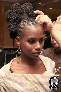 Getting Funky with it! You can get really artistic and creative with it! Elegant Loc Updo Styles Black Women, Long Bob Haircuts For Women, Haircuts For Women Over 40, Beautiful Black Hair, Dreadlock Styles, Dreads Styles, Long Bob Haircuts, Hair Locks, Sisterlocks