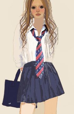 a drawing of a girl in a skirt and shirt with a tie holding a handbag