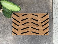 a brown door mat with black arrows on it next to a potted plant and concrete wall