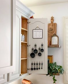 an open cabinet with pots and pans hanging on the wall next to a potted plant