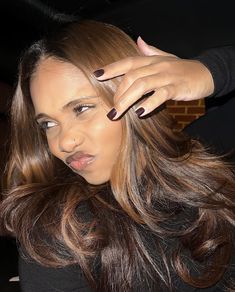 Mocha Brown With Highlights, Chocolate Brown With Honey Highlights, Sew In With Brown Highlights, Brown Hair Silk Press, Highlights Dark Brown Hair Curly, Caramel Brown Highlights On Black Hair, Honey Brown Sew In, Silk Press With Highlights, Brown Hair With Highlights Black Women