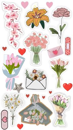 various stickers with flowers and hearts on the bottom one is for valentine's day