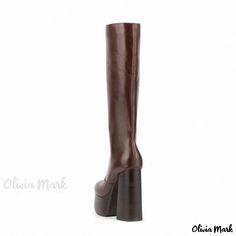 Olivia Mark - Winter High Platform High-Heeled Square Toe Fashion Boots Tall Platform Boots For Fall, Platform Heeled Boots For Office In Fall, Office Platform Heeled Boots For Fall, Fall Office Platform Heeled Boots, Brown Tall Fit Knee-high Boots With Round Toe, Fall Platform Knee-high Boots For Workwear, Brown Tall Boots With Round Toe, Tall Brown Boots With Round Toe, Brown Square Toe Platform Boots For Spring