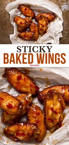 chicken baked wings with bbq sauce on top and in the background, there is an advertisement for sticky baked wings