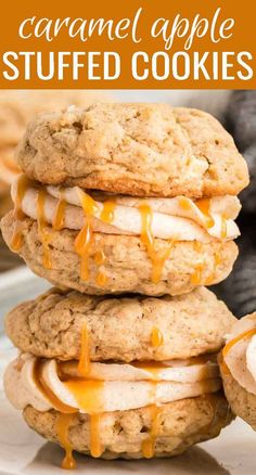 three cookies stacked on top of each other with caramel drizzle