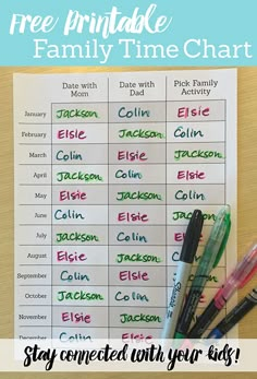 the free printable family time chart is shown with three pens on top of it