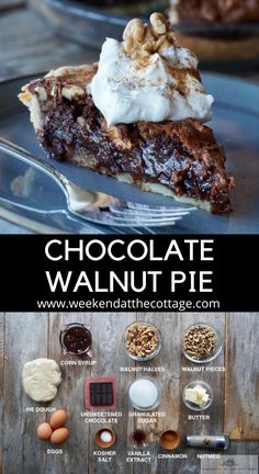 chocolate walnut pie with whipped cream on top and other desserts around the edges, including nuts