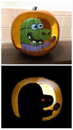 two pumpkins that have been carved to look like cartoon characters