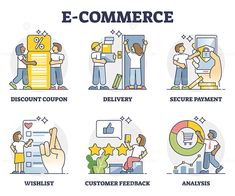 an image of e - commerce icons with different types of people working on it