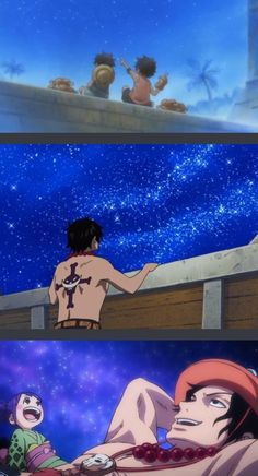 two different scenes with one being naked and the other looking at something in the sky