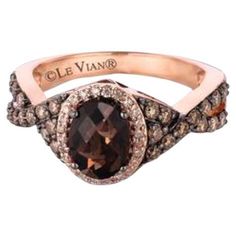 Grand Sample Sale Ring featuring 1 1/8 cts. Chocolate Quartz®, 1/2 cts. Chocolate Diamonds®, 1/10 cts. Vanilla Diamonds® set in 14K Strawberry Gold® Chocolate Diamond Ring Engagement, Levian Chocolate Diamonds, Chocolate Diamond Ring, Levian Jewelry, Chocolate Diamonds, Le Vian, Brown Diamond, Bling Rings, Quartz Ring