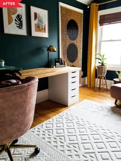 a room with green walls and white rugs on the floor, two pink chairs in front of a desk