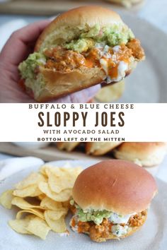 the buffalo and blue cheese sloppy joes with avocado salad is shown on a plate