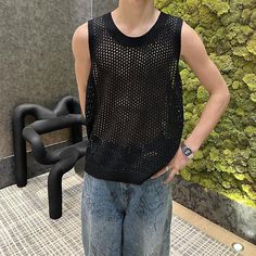 Black Hollow Knit Tank Top | Chanyeol - EXO Black XL Casual Black Open Knit Sweater, Black Knitted Sleeveless Tops, Casual Black Sleeveless Sweater, Trendy Black Open Knit Tops, Black Open Knit Summer Sweater, Exo Fashion, Sleeveless Waistcoat, Blazer Shirt, Hot Jeans