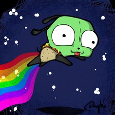 a cartoon character flying through the air with a rainbow in front of him and an object in his hand