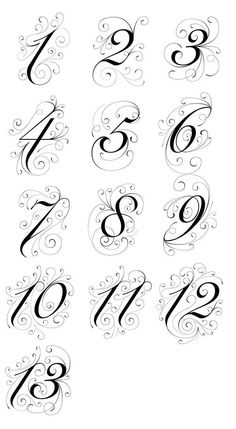 a set of calligraphy letters with swirls and numbers in the style of doodles