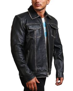 Men Vintage Distressed Trucker Black Leather Jacket Channel one of AlexGear's finest looks with a black trucker jacket. The epitome of timeless sophistication, this jacket is made for all our style fanatics who are seeking pieces that resonate with their personalities. Being both functional and stylish, this trucker jacket checks all boxes, whether that is versatility, comfort, or convenience. Crafted from genuine leather, it exudes a rich noir hue and features the best craftsmanship of our skil Classic Black Denim Jacket, Classic Distressed Outerwear For Fall, Black Biker Denim Jacket For Fall, Fitted Rugged Leather Jacket For Streetwear, Classic Distressed Long Sleeve Outerwear, Vintage Black Fitted Denim Jacket, Vintage Fitted Black Denim Jacket, Rugged Distressed Leather Jacket For Streetwear, Rugged Biker Jacket For Fall Streetwear