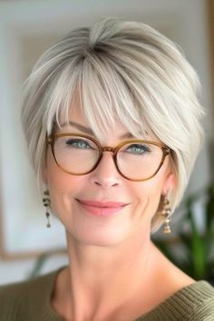 Pixie Bob With Bangs Hairstyle on smiling woman in her 50s with silvery blonde hair. Short Hairstyles Gray Hair, Short Gray Hair With Glasses, Glasses And Grey Hair, Chin Length Hairstyles For Women Over 50, Hairstyles 50 And Over, Pixie Blonde Hairstyles, Short Grey Hair Styles For Women, Hair Cuts Women Short, Woman Over 50 Hairstyles