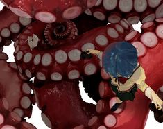 an anime character with blue hair standing in front of red and white octopus like structures