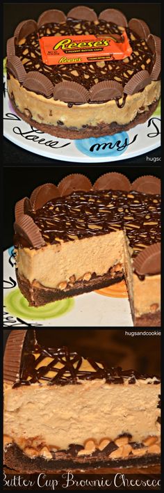 three different types of cheesecakes on plates with chocolate and peanut butter toppings