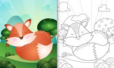 a cartoon fox sleeping in the grass with trees and clouds behind it, coloring book page