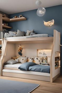 two bunk beds with blue walls and wooden flooring in a child's bedroom