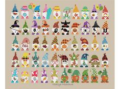 an image of a cross stitch pattern with many different animals and hats on the front