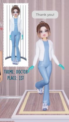 an animated image of a woman in blue overalls and white shirt with text that reads thank you, theme doctor place 1st