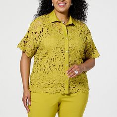 WynneCollection Abstract Floral Lace Top Top off any outfit with fresh spring vibes. Paired with skinny jeans, a cami and your favorite jewelry, this short-sleeve, button-down woven crochet lace shirt completes your look. Spring Stretch Blouse, Casual Stretch Blouse For Spring, Green Spring Tops For Daywear, Spring Daywear Stretch Blouse, Green Tops For Spring Daywear, Spring Stretch Blouse For Daywear, Crochet Lace Shirt, Woven Crochet, Floral Lace Top