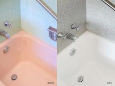 before and after pictures of a bathtub with no shower head or faucet