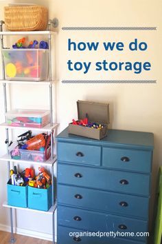 there is a toy storage unit in the room