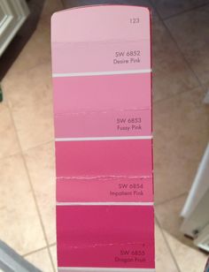 a person holding up some pink paint swatches in their hand and the colors are different