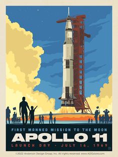 an image of a poster for the first manned mission to the moon, as well as people standing in front of it