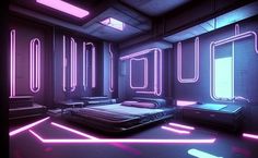 a room with neon lights and a bed in it