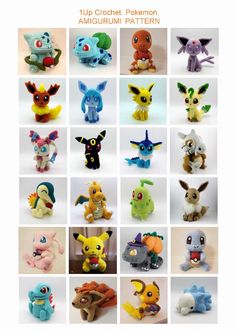 many different types of pokemon stuffed animals are shown in this photo, and there is no image on the page