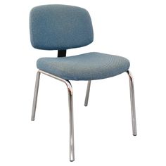 a blue office chair with metal legs and a seat cushion on the back, against a white background