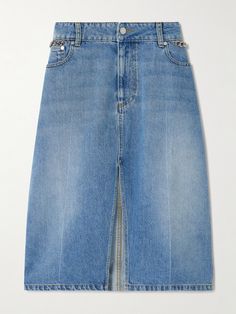 Stella McCartney's skirt is cut from denim in a classic blue wash that's lightly faded to give it an authentic vintage feel. Designed to sit low on the waist, it's embellished with silver-tone chains and has a split through the front.<br><br>This product was created using Considered Materials. Find out more about NET SUSTAIN <a href="https://www.net-a-porter.com/en-gb/campaigns/net-sustain">here.</a> Sustainable Fashion Designers, Net Sustain, Latest Skirts, Embellished Denim, Denim Maxi Skirt, Black Midi Skirt, Denim Midi Skirt, Denim Mini Skirt, Classic Blue