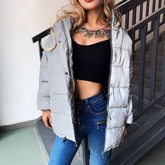 Reflective Puffer Jacket Women Winter Reflective Pants Shop Streetwear Casual Silver Outerwear For Winter, Casual Silver Winter Outerwear, Puffer Jacket Outfit, Puffer Jacket Women, Jacket Outfit, Womens Parka, Cotton Coat, High Neck Long Sleeve, Warm Jacket