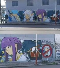 the side of a building with graffiti on it's walls and another wall painted with anime characters