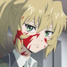 an anime character with blood on his face and green eyes looking at the camera while wearing a tie